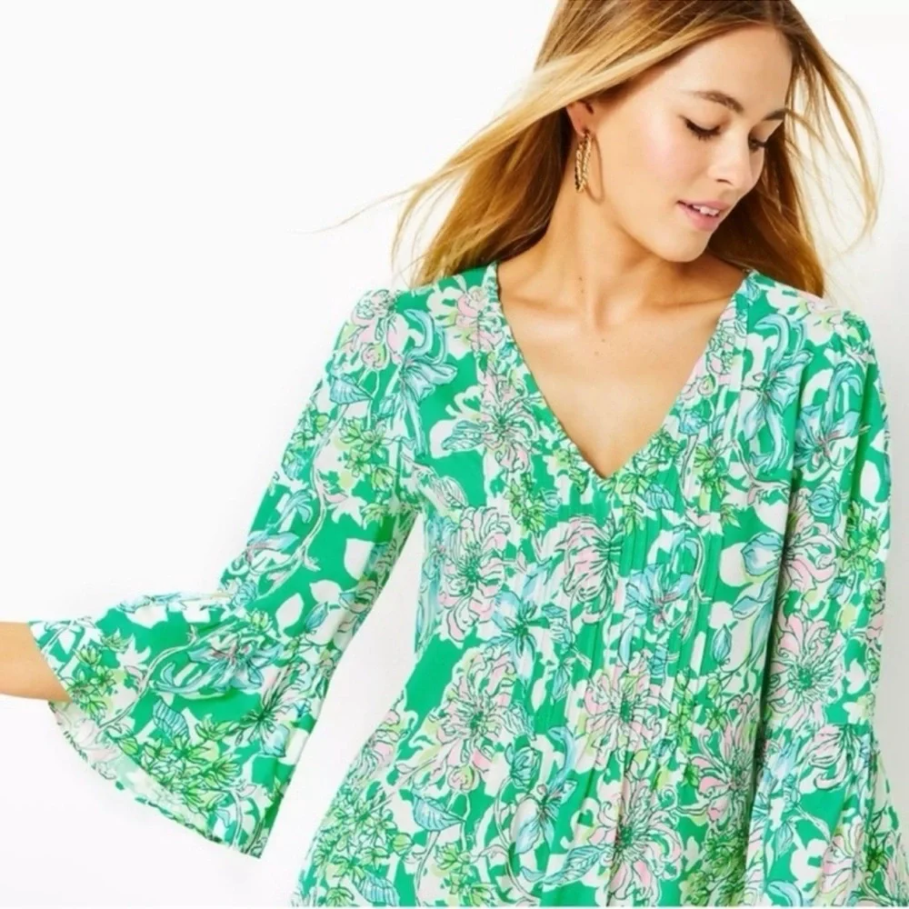 LILY PULITZER FLORAL PLEATED LONG SLEEVE DRESS! Adorable! S/0 - Picture 3 of 7